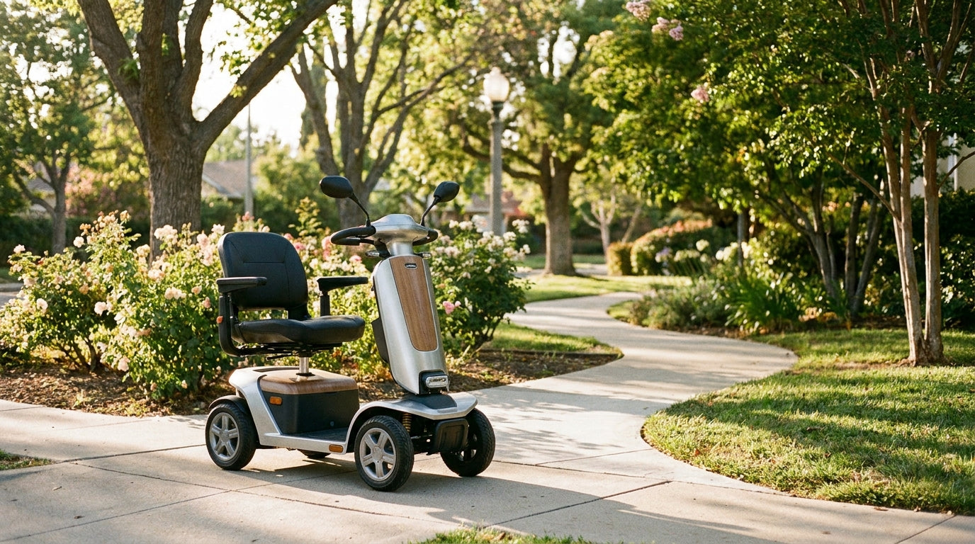 A mobility scooter parked on a bright, tree-lined suburban sidewalk bathed in warm afternoon sunlight.