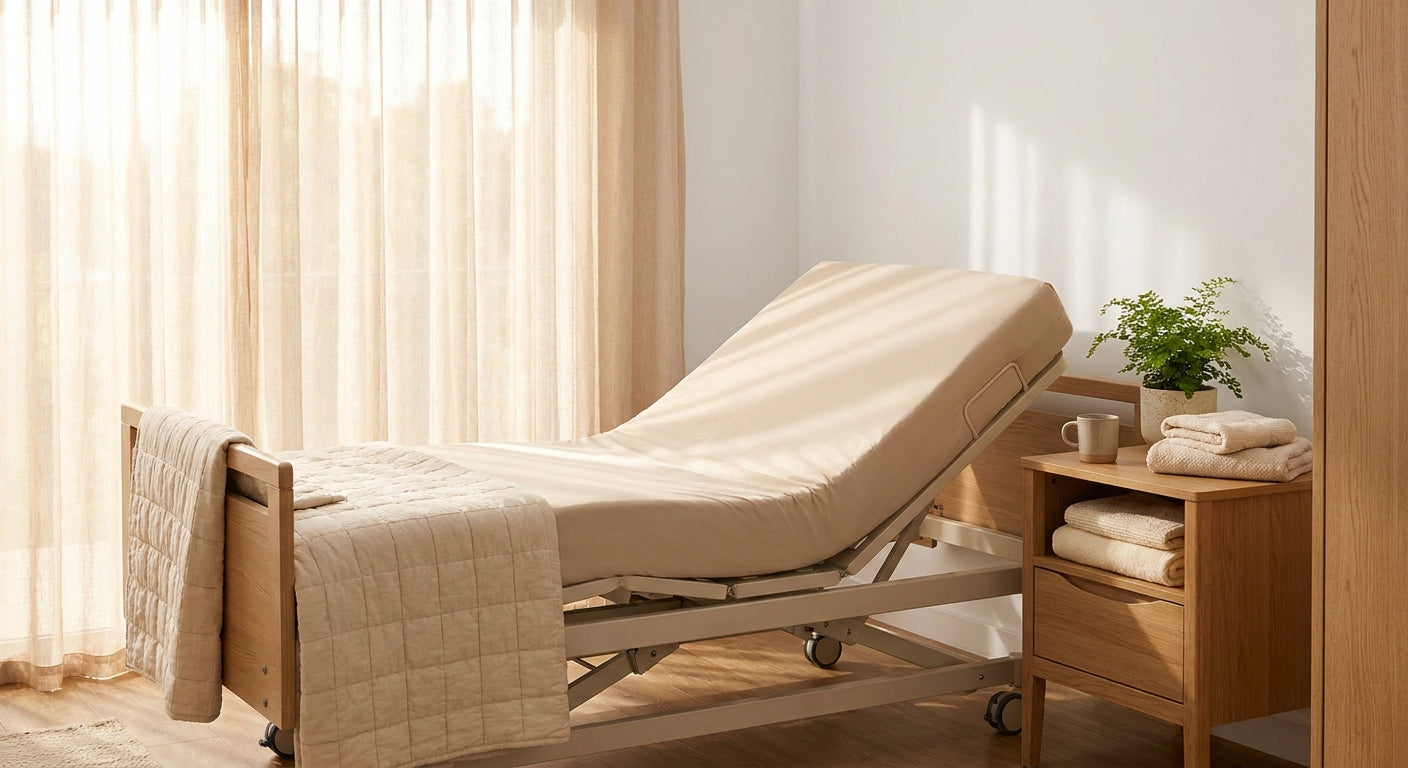 A modern adjustable hospital bed positioned in a bright, warmly decorated home bedroom with soft natural light and neutral tones, evoking comfort and dignified care.