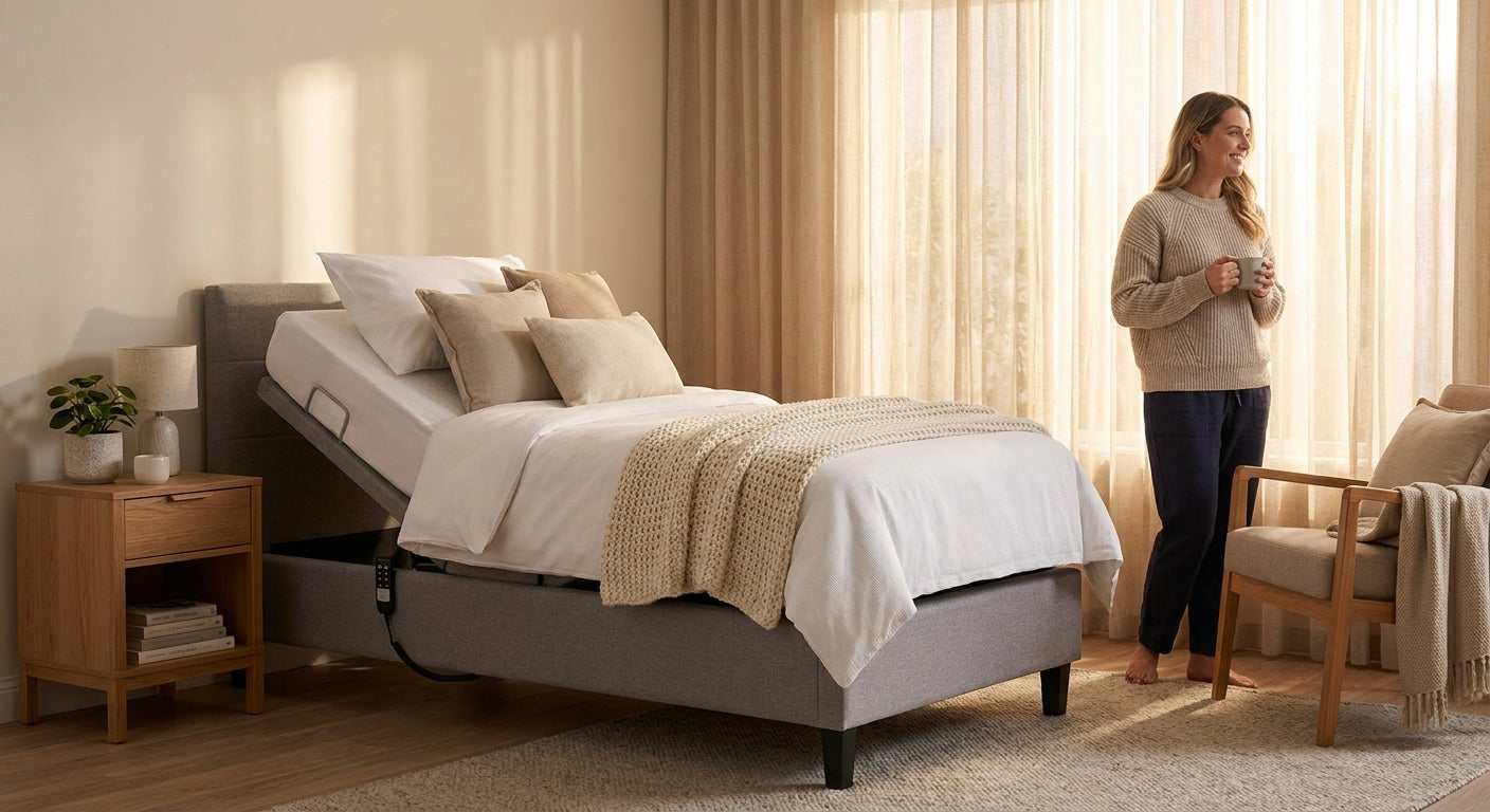 A warmly lit home bedroom with a modern adjustable hospital bed inclined for comfort, with a relaxed caregiver standing nearby in soft morning light.