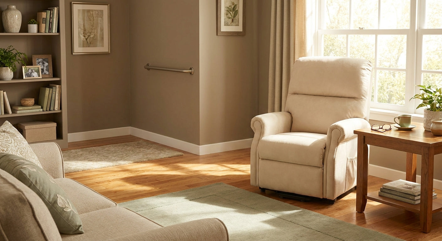 A warm, sunlit living room with a cushioned lift chair, subtle grab bar, and cozy home furnishings designed to support safe and independent senior living.
