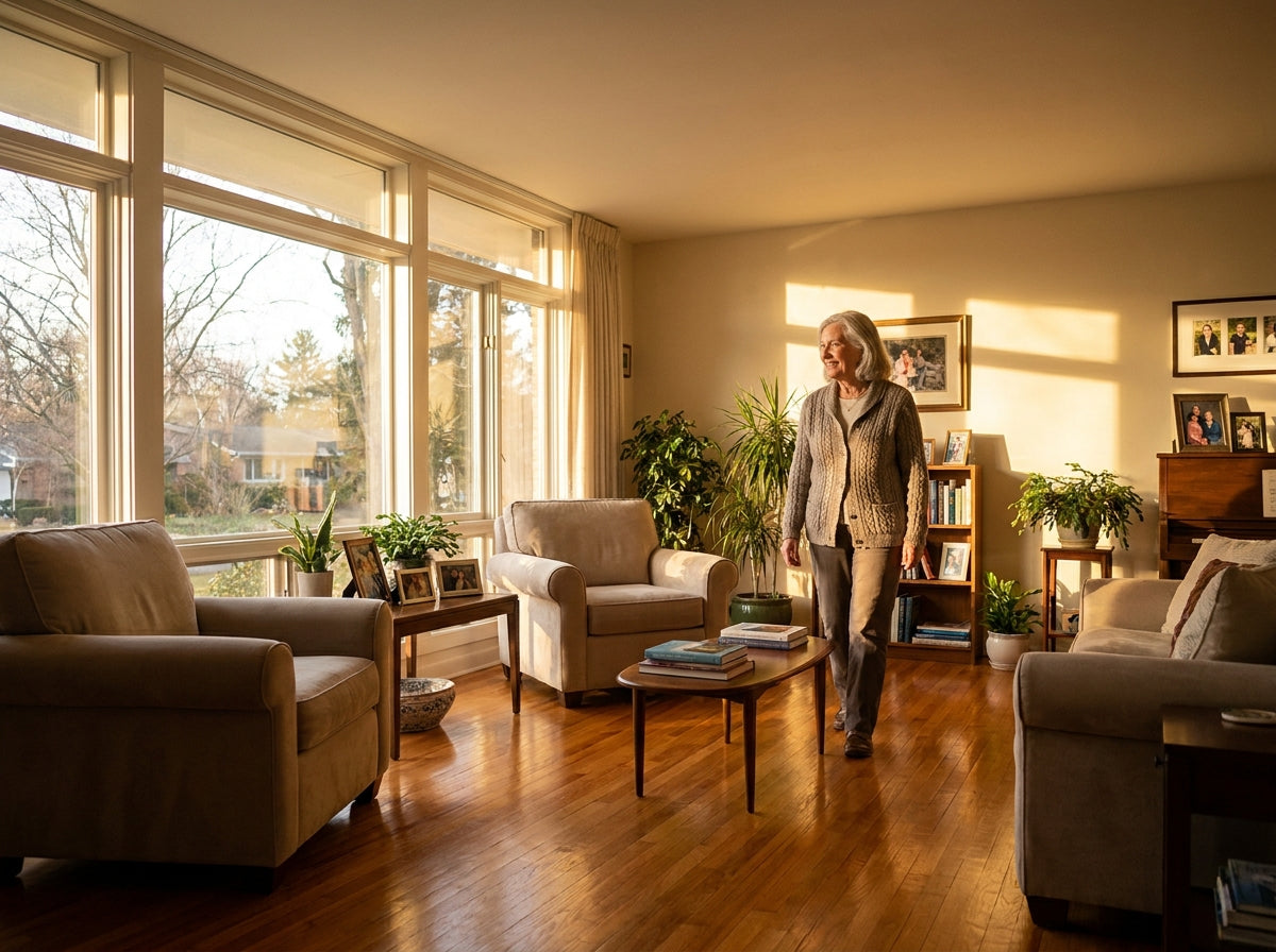 A senior adult moving independently through a bright, warmly lit living room, evoking comfort, dignity, and aging in place.
