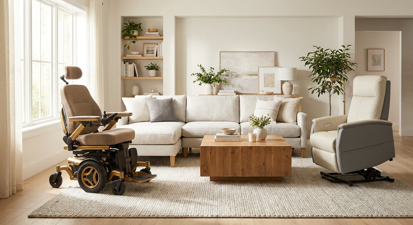 A well-lit, modern living room featuring a power mobility chair positioned near a sunlit window, conveying comfort and independence.