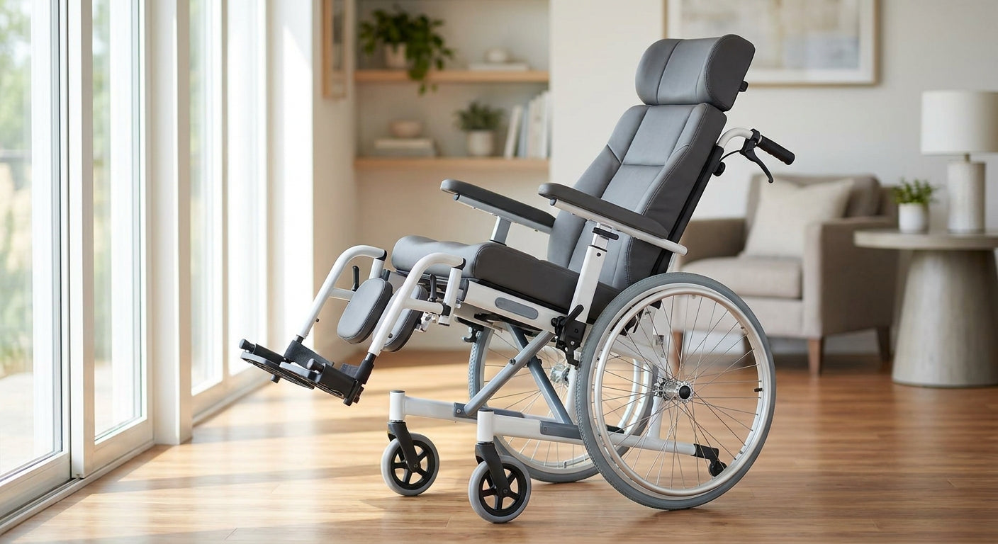 A modern tilt-in-space wheelchair in a reclined position bathed in warm natural light, set against a clean and welcoming room environment.