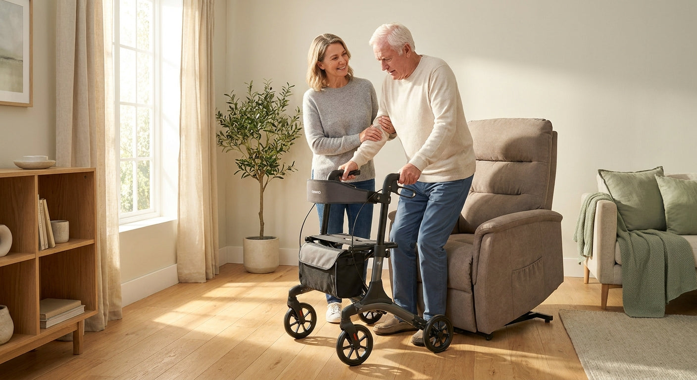 A caregiver calmly assisting an elderly person using a lift chair and rollator walker in a warmly lit, tidy home environment.
