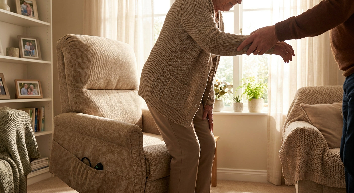A caregiver gently supporting an elderly person's arm as they prepare to stand from a lift chair in a warm, sunlit living room.