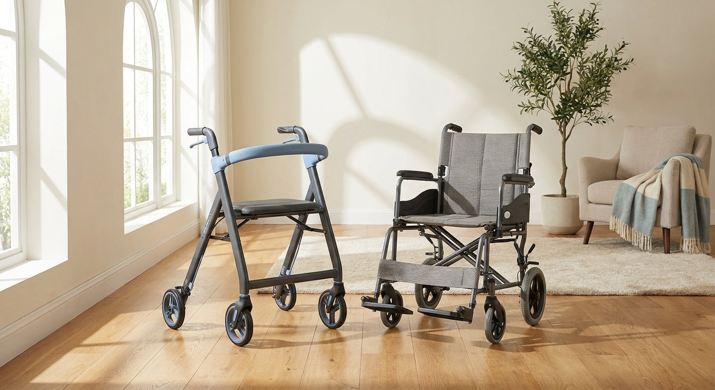 A rollator walker and wheelchair positioned side by side in a warmly lit, modern home setting near a sunlit window.