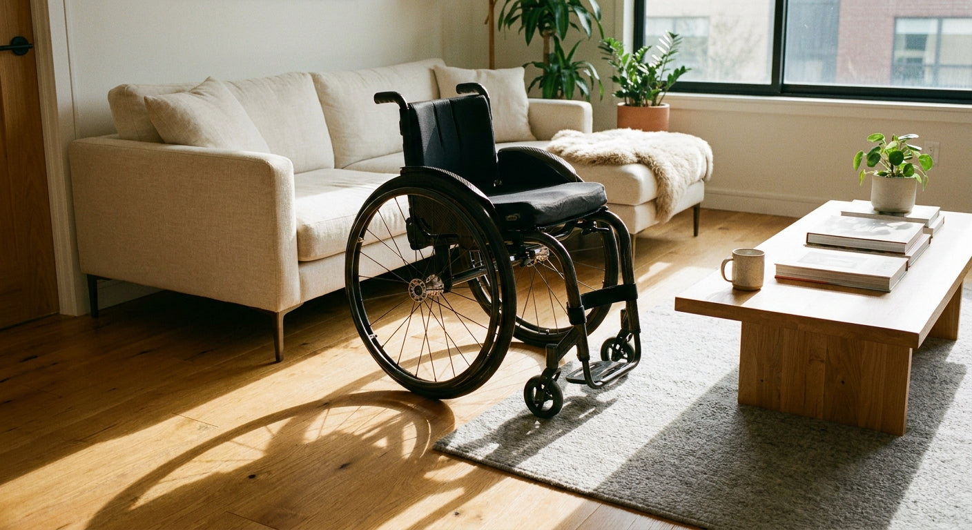 A lightweight manual wheelchair resting in a bright, warmly lit home living room with hardwood floors and a sunlit window in the background.