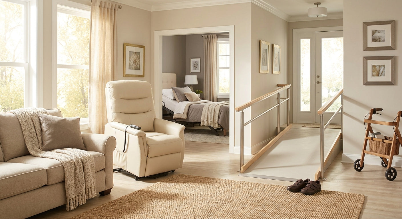 A warm, sunlit senior-friendly living room featuring a lift chair, an adjustable hospital bed visible through a doorway, a smooth entry ramp, and diabetic shoes on the floor, creating a cohesive and safe home environment.