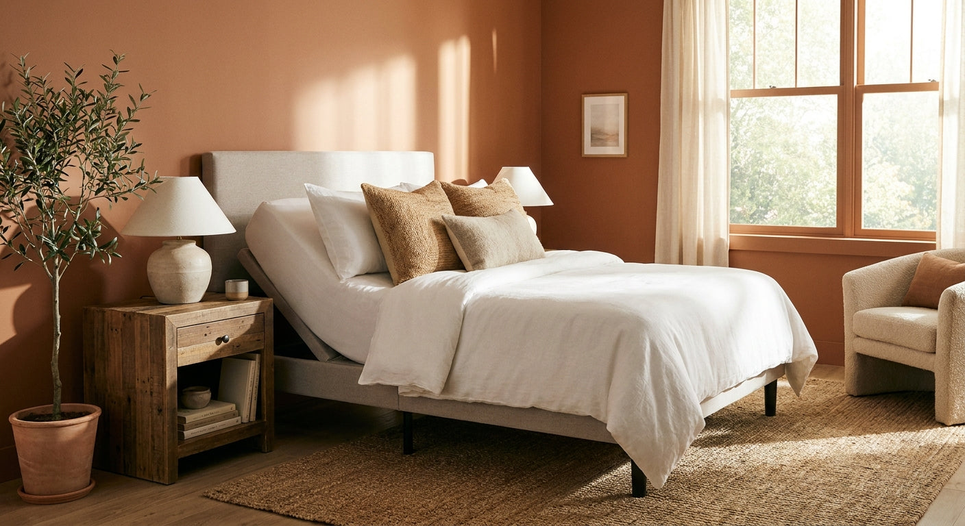 A modern adjustable bed with elevated head section dressed in white linens in a warmly lit, comfortable residential bedroom setting.