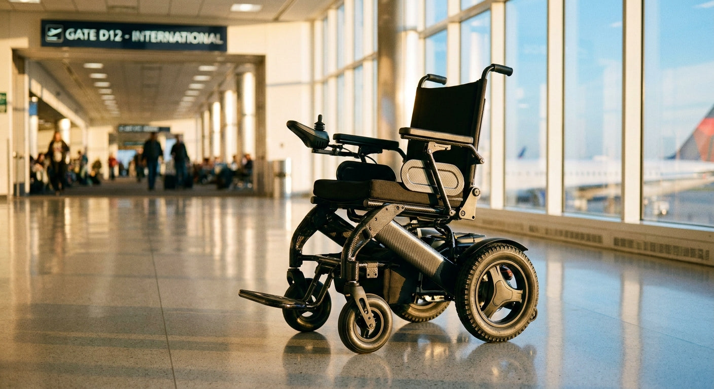 A power wheelchair positioned in a bright, modern airport terminal corridor with large windows overlooking the tarmac.