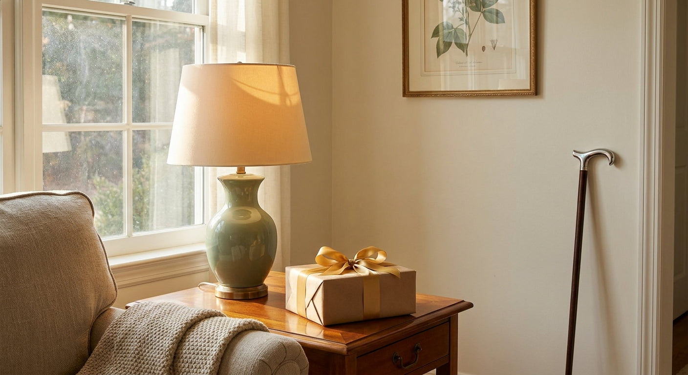 A warmly lit living room with a wrapped gift box on a side table and a modern mobility aid leaning against the wall in the background, evoking a sense of care, dignity, and independence.