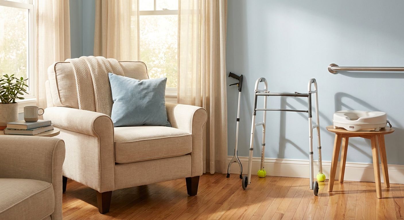 A well-organized home recovery corner with mobility aids including a walker, raised toilet seat, grab bar, and reacher tool arranged neatly in a bright, warmly lit living room.