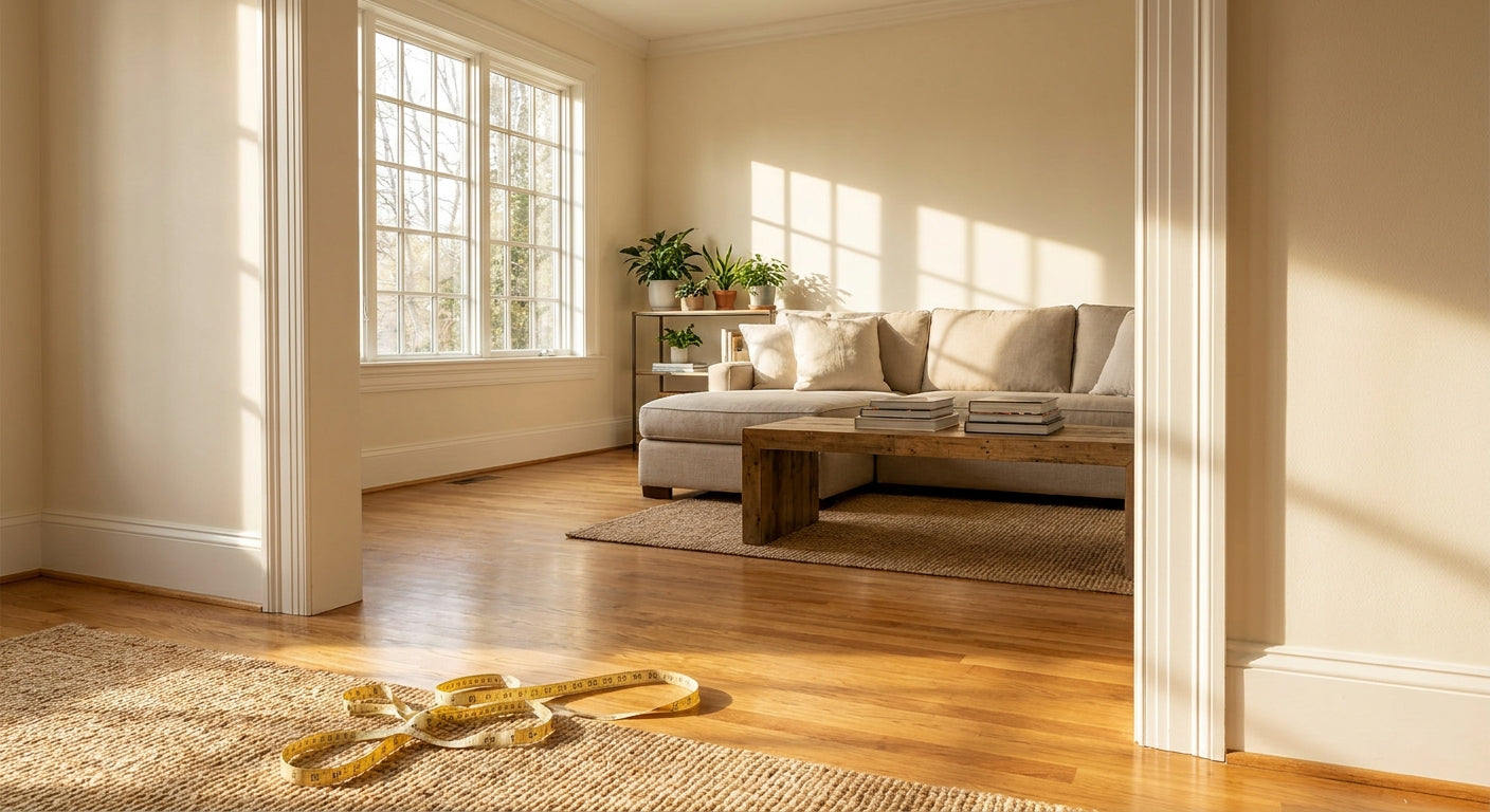 A sunlit, accessible living room interior with an open doorway and a tape measure resting on the floor near the threshold, suggesting a home being evaluated for mobility equipment.