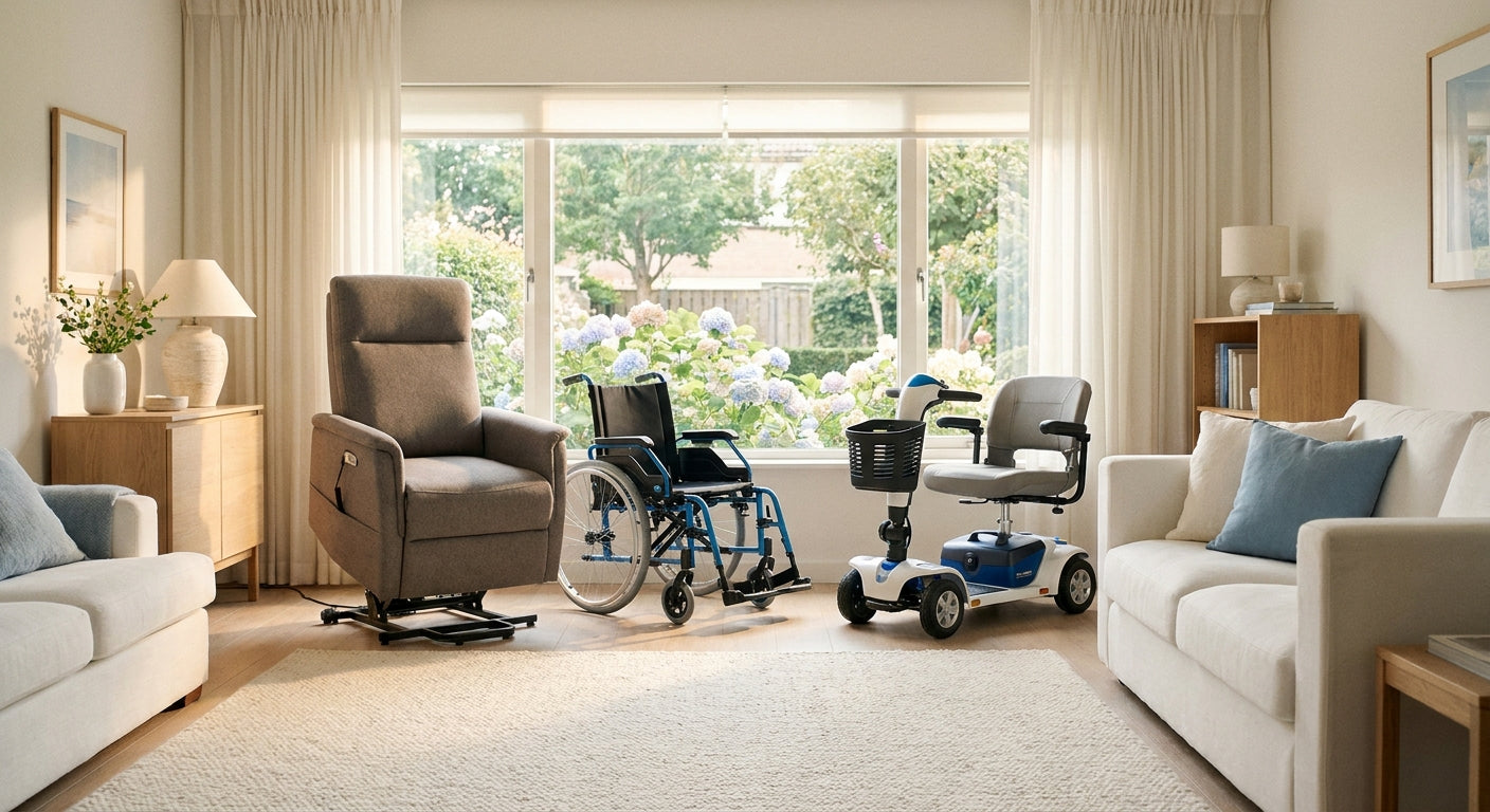 A sunlit, tidy living room displaying a power lift chair, folded wheelchair, and mobility scooter near a garden-view window, evoking comfort and independence for home medical equipment users.
