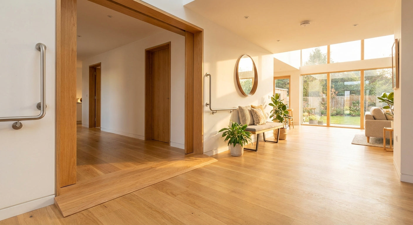A bright, accessible home entryway with a smooth threshold ramp, subtle grab bars, and open layout bathed in warm natural light.
