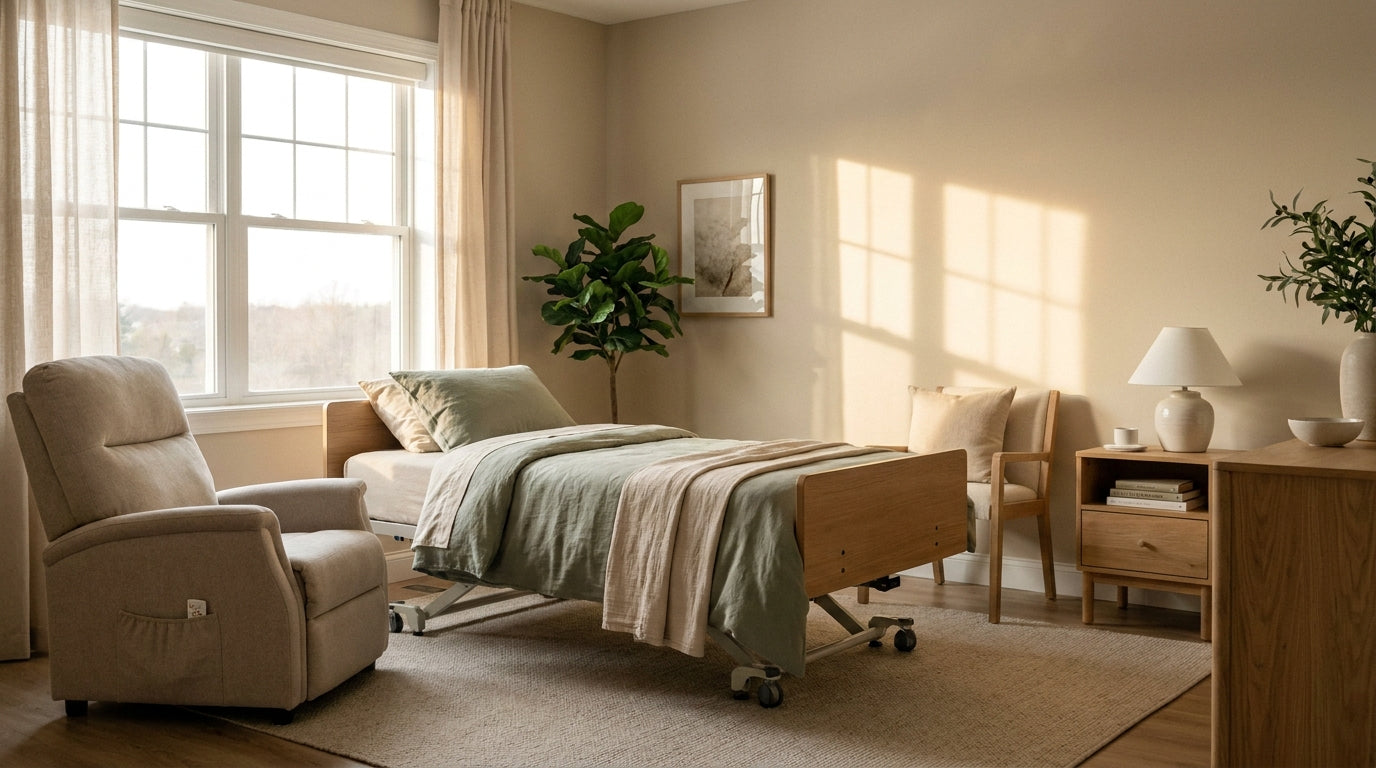 A warmly lit, accessible bedroom featuring a hospital bed, lift chair, and open floor space arranged in a thoughtful aging-in-place layout.