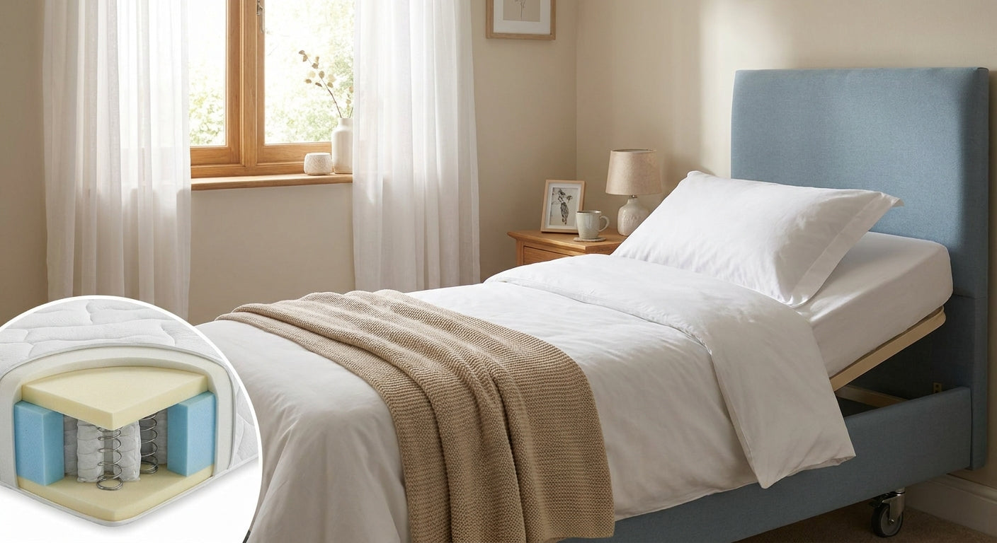 A hospital bed with a supportive mattress dressed in crisp white linens, positioned in a warm and softly lit home bedroom environment.