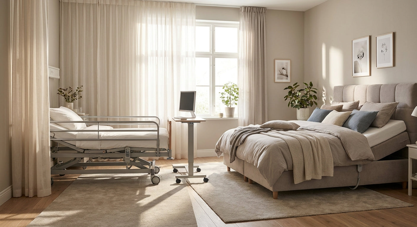 A side-by-side bedroom scene comparing a traditional hospital bed with metal rails on one side and a modern adjustable base with soft upholstered bedding on the other, bathed in warm natural light.