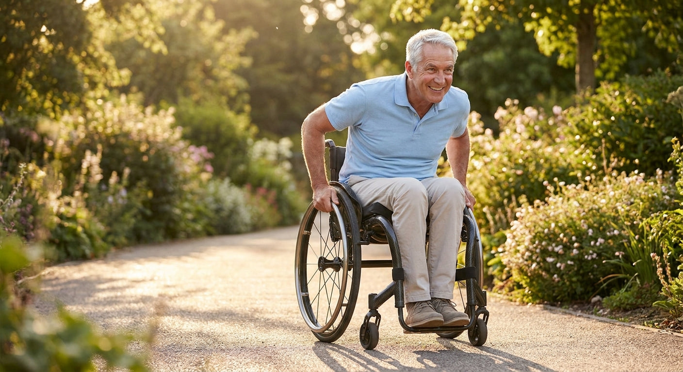 An active senior man independently self-propelling a lightweight wheelchair along a sunny outdoor path surrounded by greenery.