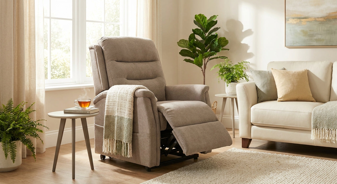 A plush power lift recliner chair in a warm, sunlit living room with a cozy throw blanket and a small side table, evoking comfort and independence at home.