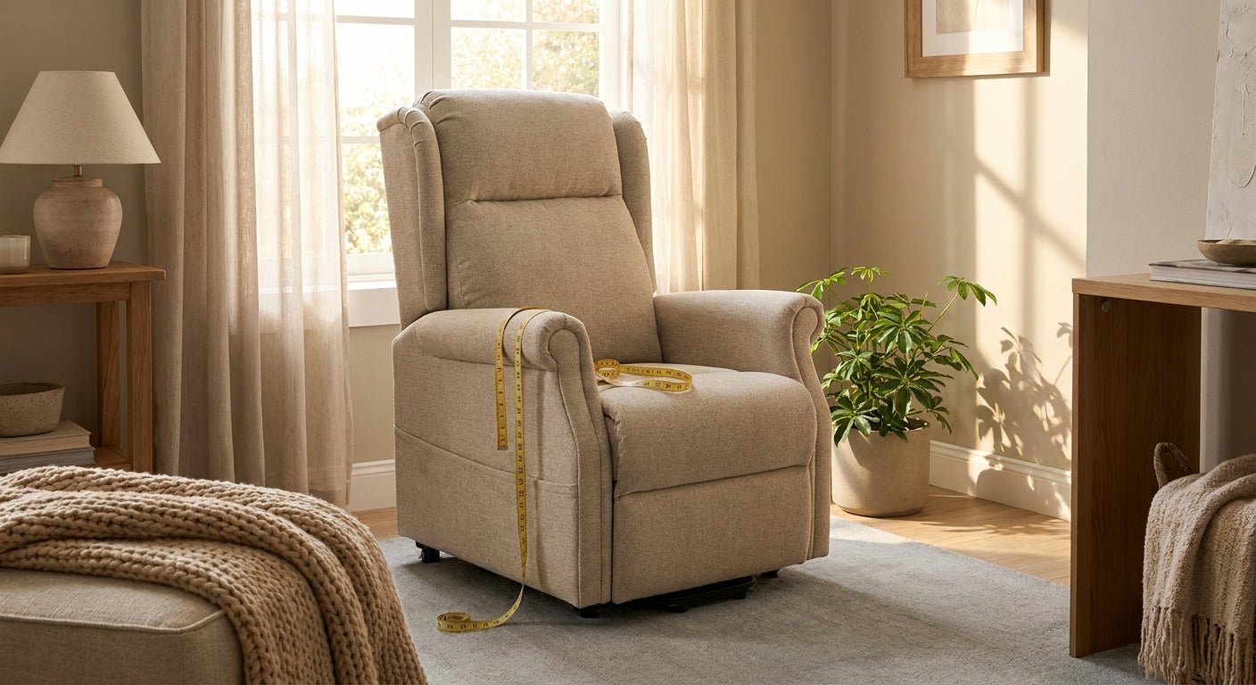 A well-proportioned lift chair with a measuring tape draped over its armrest sits in a warm, sunlit living room with neutral earth-tone decor.