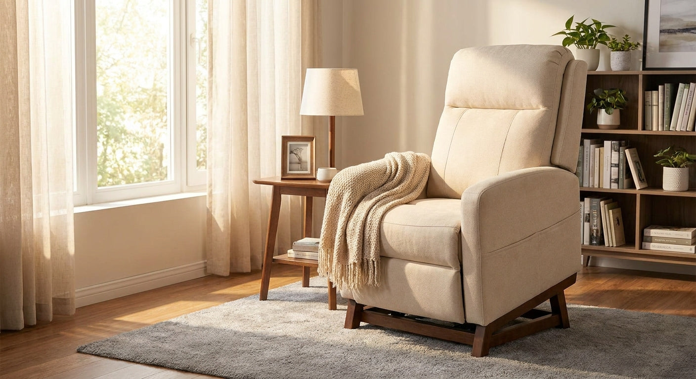 A sturdy, well-crafted lift chair positioned in a warmly lit, comfortable living room, emphasizing structural quality and home safety.