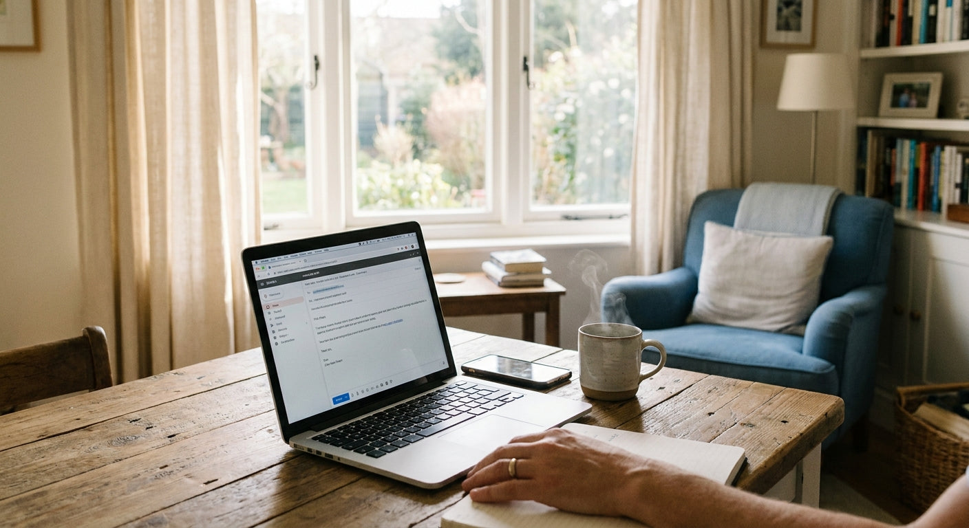 A laptop and smartphone on a wooden desk in a bright home office, with a warm mug of coffee nearby and natural light streaming through a window, symbolizing a long-distance caregiver researching home medical equipment online.