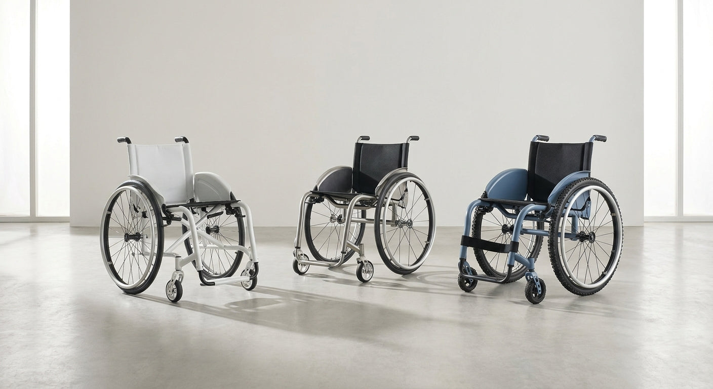 Three different styles of manual wheelchairs arranged side by side on a clean light gray surface, photographed in soft natural light for comparison.