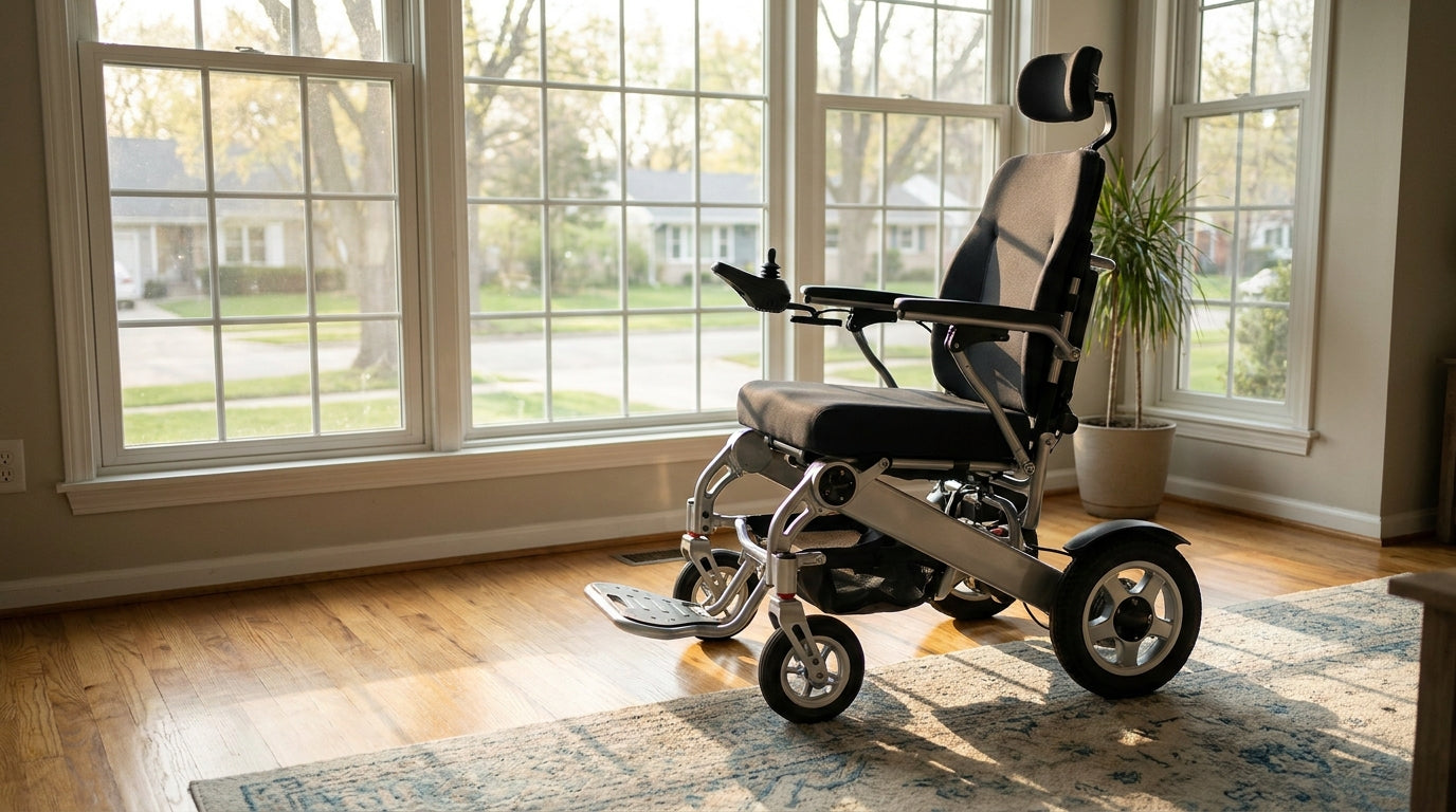 A modern power wheelchair positioned near a sunlit window in a clean, warmly lit home interior.