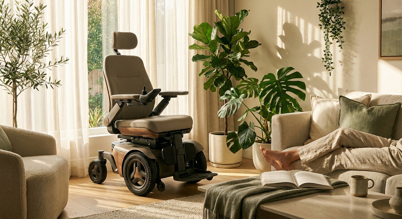 A modern power wheelchair bathed in warm natural light in a cozy, well-appointed living room, symbolizing comfort and independence for seniors with arthritis.