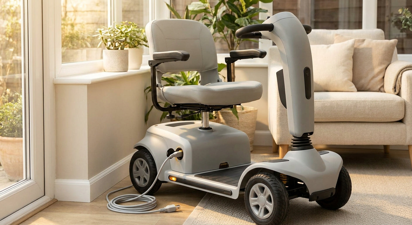 A mobility scooter plugged into its charger in a bright, tidy room, bathed in warm natural light.