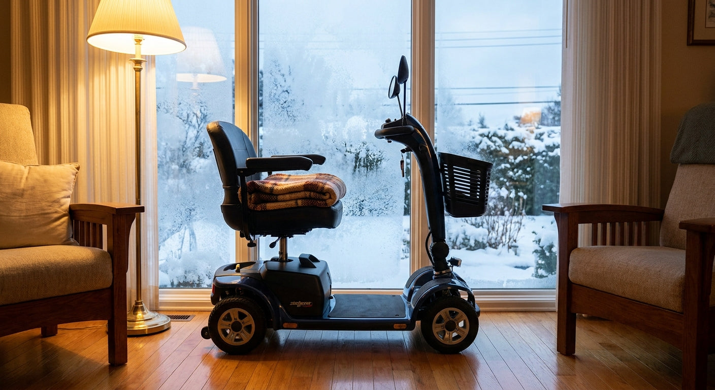 A mobility scooter resting indoors near a frost-covered window with a snowy winter scene visible outside, bathed in warm golden indoor light.