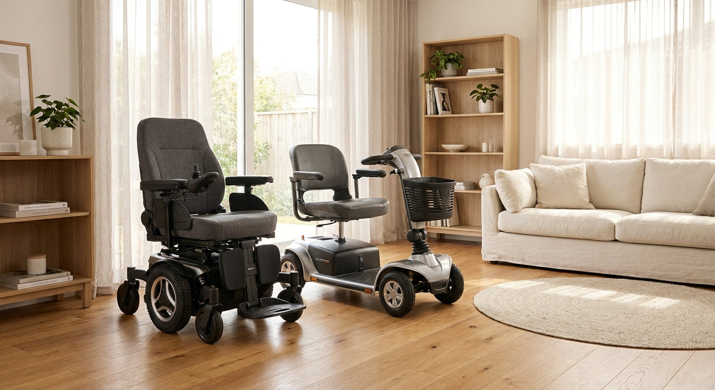 A power wheelchair and mobility scooter positioned side by side in a bright, warmly lit home living room near a sunlit window.