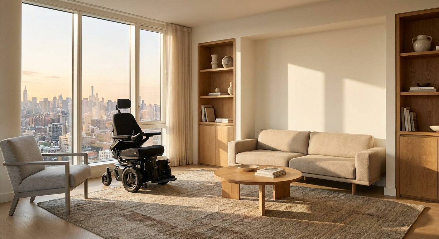 A bright, modern apartment living room with wide open pathways and a sleek power wheelchair positioned near a sunlit window overlooking a city skyline.