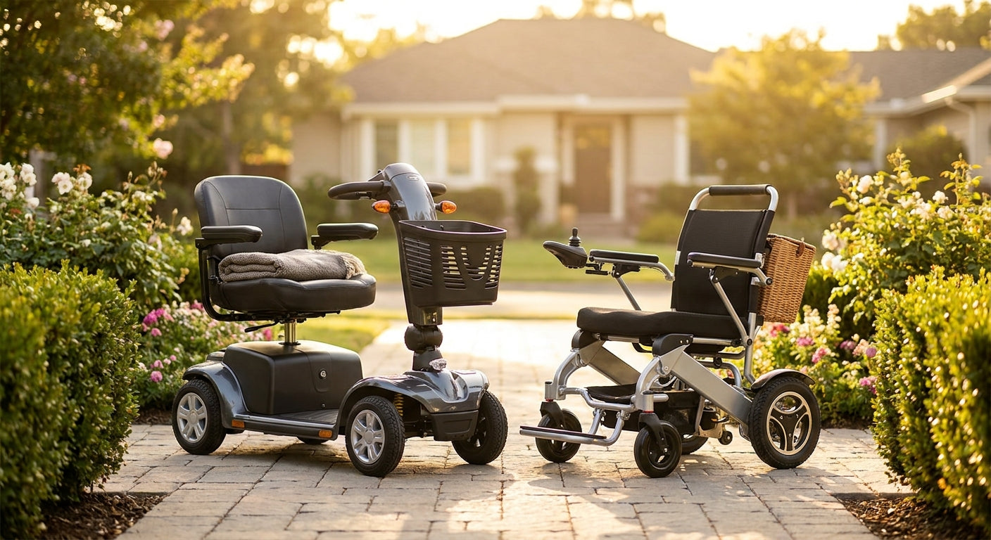 A mobility scooter and a power wheelchair side by side on a sunny residential pathway outside a welcoming home, symbolizing choice and independence for people with mobility needs.
