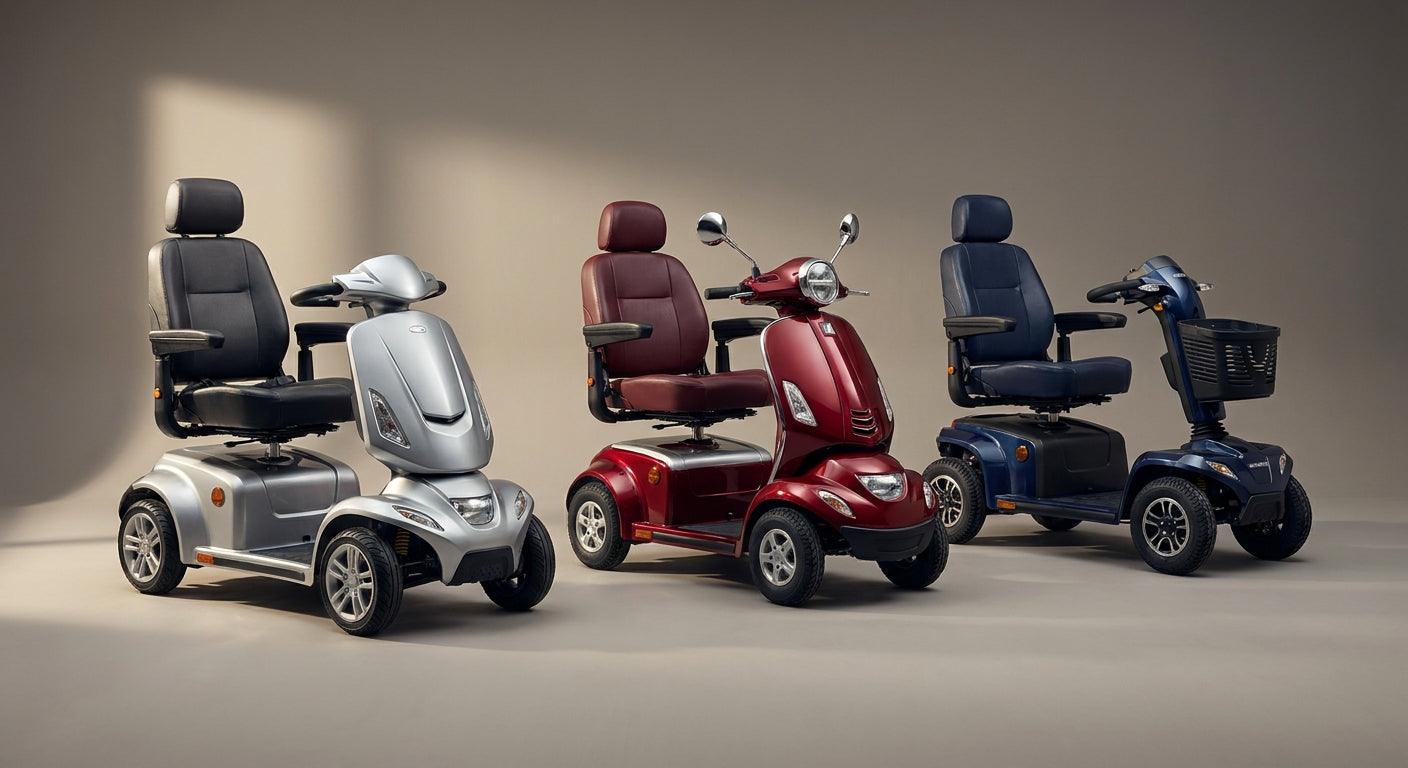 Three mobility scooters in different colors arranged side by side in a clean studio setting, suggesting a brand comparison for informed buyers.