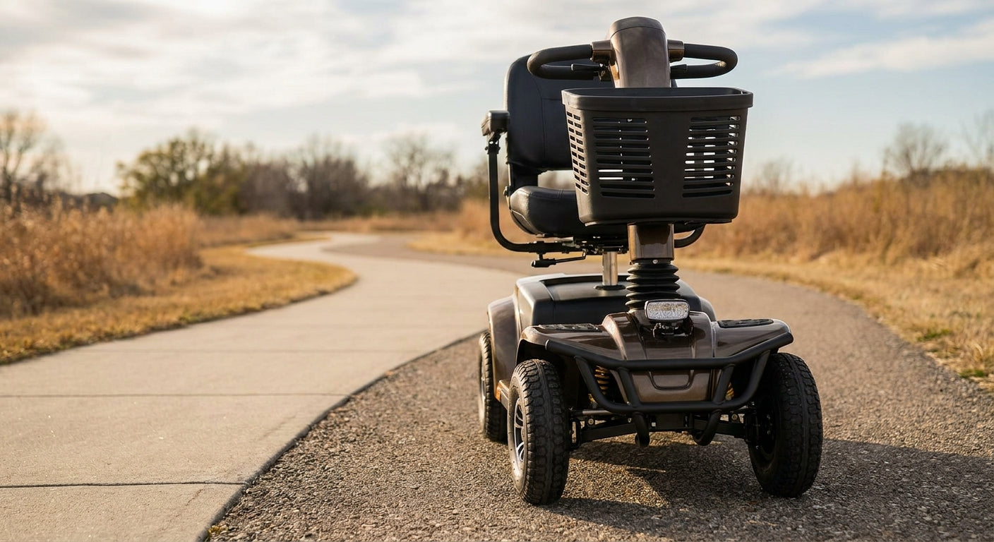 A mobility scooter photographed at a low angle on an outdoor path, emphasizing its wheels and frame against a gently varying terrain in warm natural light.