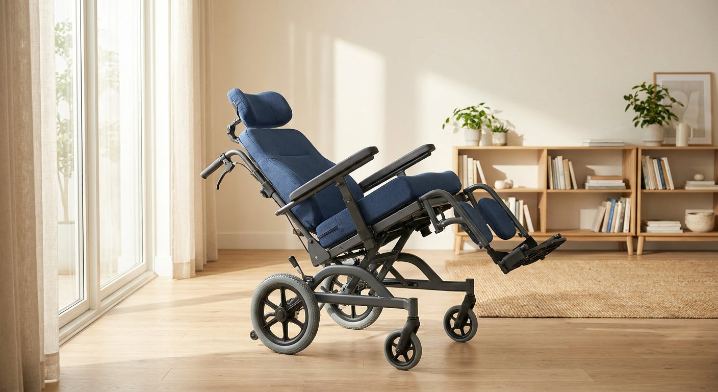 A modern tilt-in-space reclining wheelchair positioned at a gentle recline in a bright, warmly lit living room with natural light and neutral home décor.