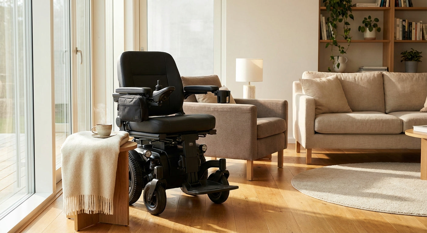 A power wheelchair equipped with practical accessories positioned in a warm, sunlit home living room, evoking comfort and independent daily living.