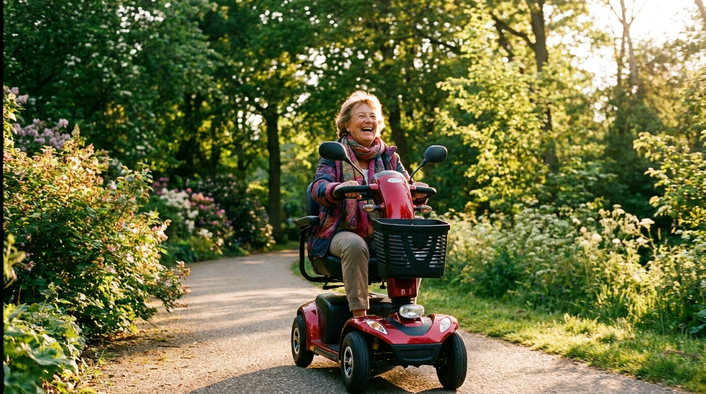 An older adult smiling while riding a red mobility scooter along a sunny tree-lined outdoor path.