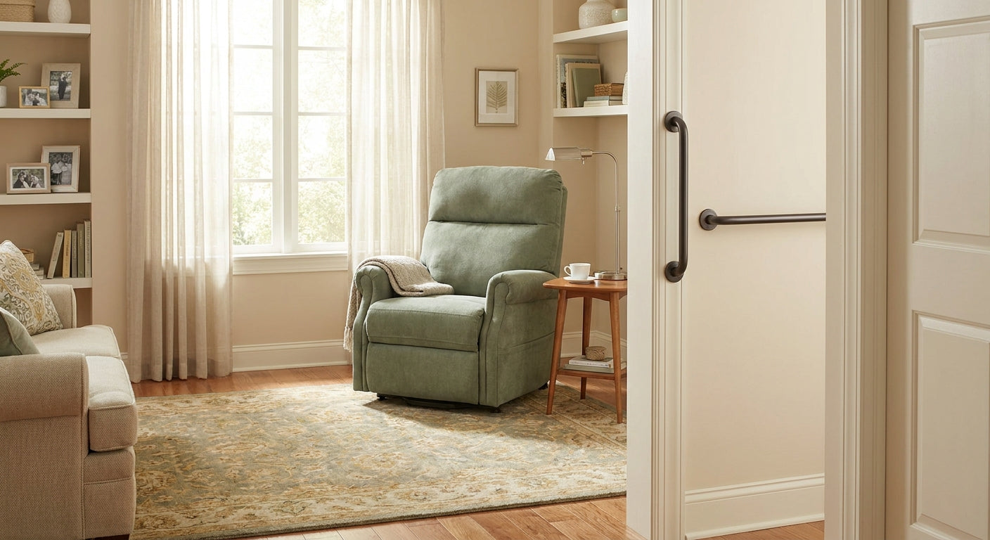 A warm, well-lit senior-friendly living room featuring a lift chair, safety grab bar near a doorway, and an uncluttered floor designed for safe aging in place.
