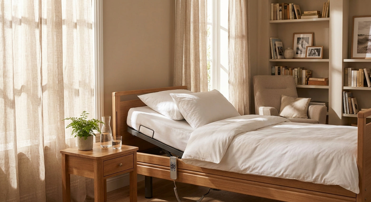 A bright, comfortable bedroom with a modern adjustable hospital bed dressed in white linens, bathed in warm natural light near a window.