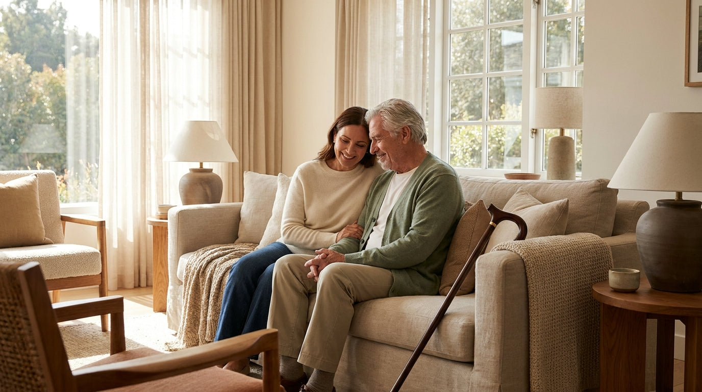 An adult child and an elderly parent sit together in a warm, sunlit living room having a calm conversation, with a mobility aid resting nearby.