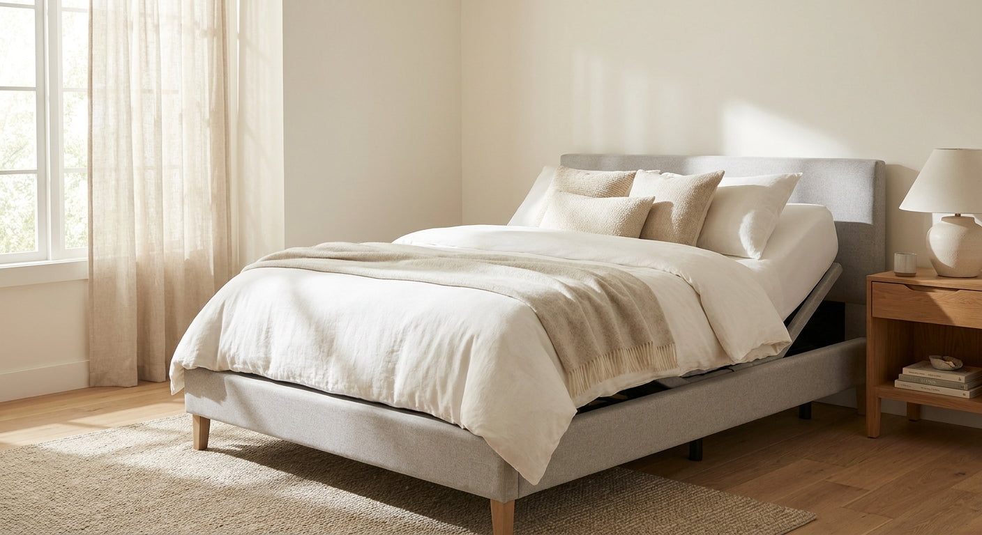 A modern full-electric adjustable hospital bed dressed in white linens positioned in a warm, sunlit home bedroom with a low-profile frame and gentle incline.