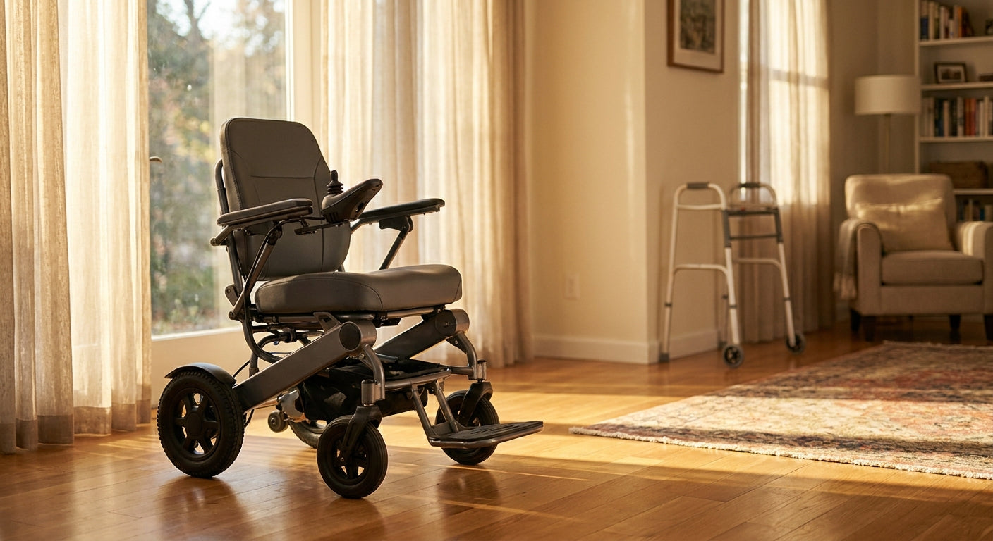 A modern power wheelchair in a sunlit living room with a walker resting in the background, symbolizing the transition to greater mobility and independence.