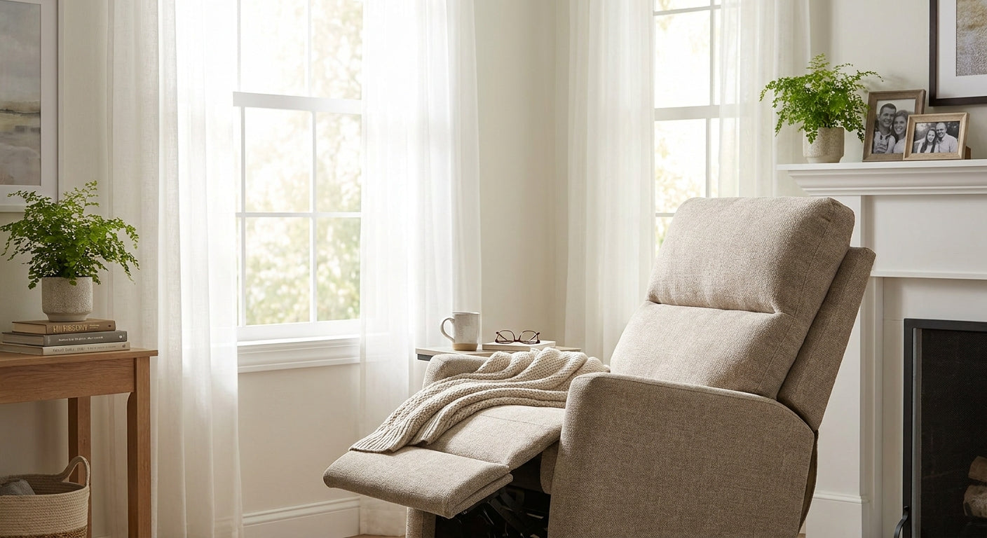 A modern power lift recliner chair in a zero-gravity reclined position in a warm, sunlit living room, evoking comfort and therapeutic rest.